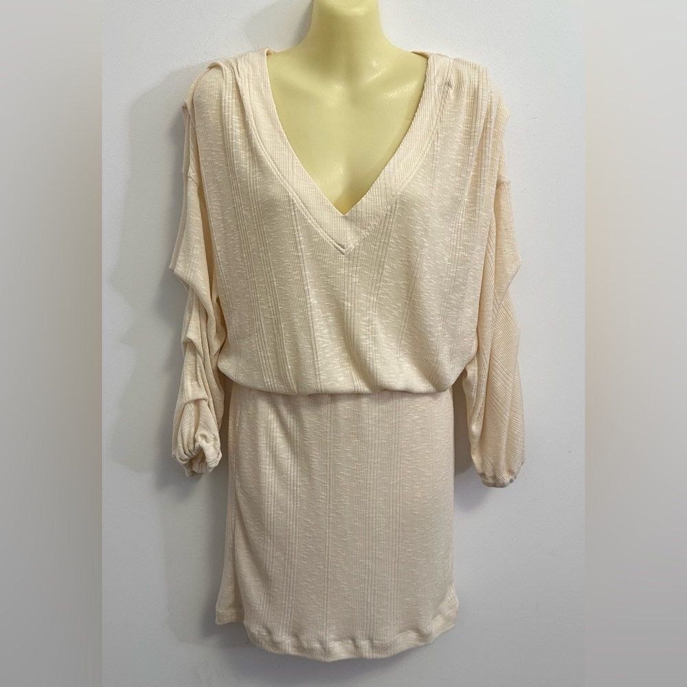 FP Beach Cream V-Neck Dress with Long Sleeves
